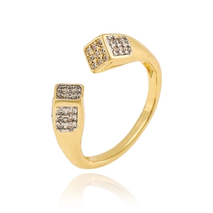 Detail of gold open ring featuring square ends and micro-set cubic zirconia stones