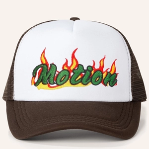 Brown and white trucker hat with Motion embroidery and flame design on the front panel