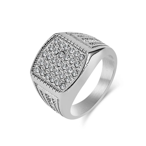 Hip hop silver square ring for men with pavé diamonds in polished stainless steel