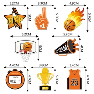 Dimensions détaillées pour 8 décorations de gâteau basket incluant MVP et trophée