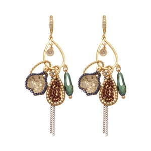 Vintage gold drop earrings with zircon crystals and colorful multi-layered tassels
