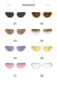Detailed grid showing eight color variations of retro rimless cat eye sunglasses with metal legs