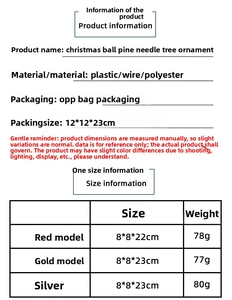 Size chart showing mini Christmas pine tree decorations in red, gold, and silver