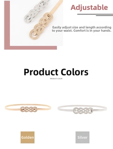 Detail of adjustable metal stretch waist chain with elegant hollow knot buckle closure