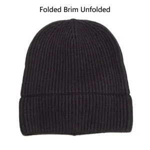 Black ribbed knit beanie for men and women with unfolded cuff for winter warmth