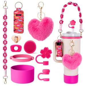 Pink crochet handle and flower plush heart charms for tumbler cups accessory kit