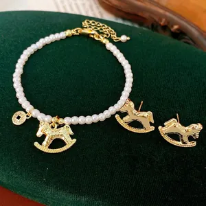 Rocking Horse Jewelry Bracelet Earrings With Silver Earring Post Zircon Imitation Artificial Pearl Gold Plated Copper Fashion Women