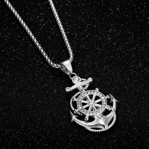 Hip hop silver anchor and helm pendant necklace with sparkling cubic zirconia crystals