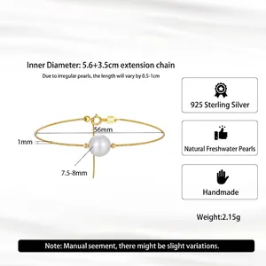 S925 sterling silver gold plated bracelet with 7.5-8mm natural freshwater pearl