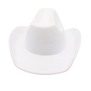 Detail of white felt cowboy hat with structured high crown and wide curved brim