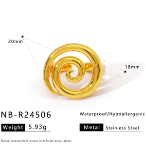 Detail view of golden spiral stainless steel ring showing size and 5.93g weight specs