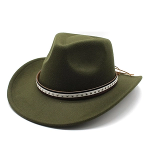 Close-up of olive green wool fedora hat featuring leather band and silver star studs