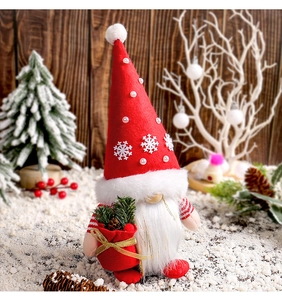 Détail d'un nain de Noël avec un bonnet rouge pointu et un petit sac cadeau