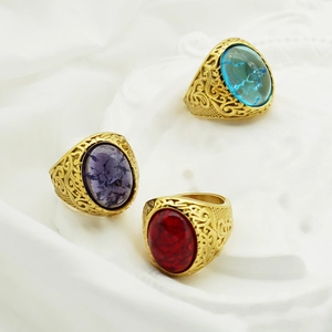 Men Vintage Viking Rune Ring Stainless Steel Gold Silver Plated Large Oval Colorful Gemstone Signet Engraved Band Jewelry