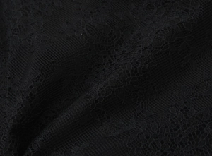 Close-up of intricate black lace fabric showing detailed hollow floral patterns and texture