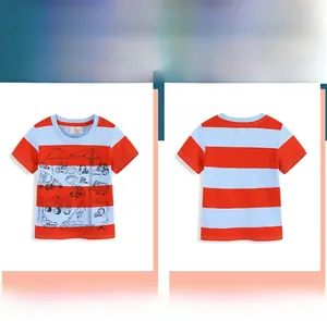 Detailed flat lay of children's cotton tee with orange and blue stripes and crane print