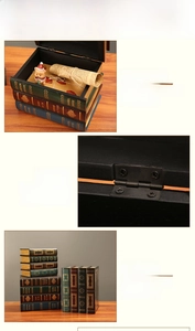 Detail of vintage faux book storage box with alloy hinges and large interior space