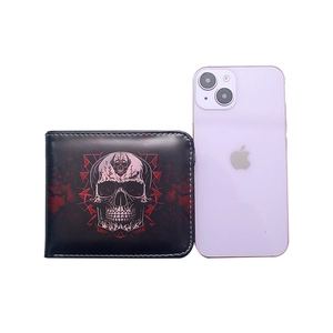 Slim minimalist skull print wallet in black leather with phone for size comparison