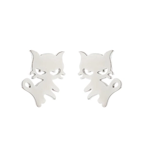 Detailed close-up of cute silver cat silhouette stud earrings made of stainless steel
