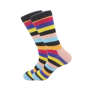 Close-up of colorful striped cotton athletic socks with ribbed cuffs and vibrant knit patterns