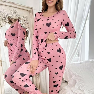 Women Pajama Top And Pants Ribbed Polyester Spandex Heart Print Round Neck Long Sleeve Loungewear Casual Soft Sleepwear
