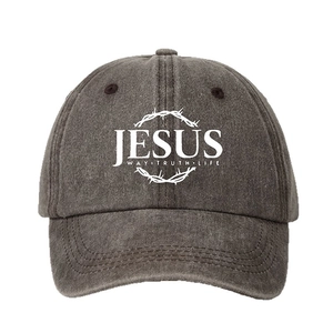 Washed dark grey baseball cap featuring white JESUS cross and thorns graphic design