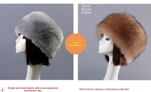 Detail view of the plush faux fur winter hat showing grey short fur and long brown fur textures
