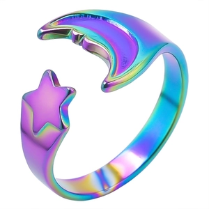 Iridescent stainless steel open ring featuring a unique crescent moon and star design