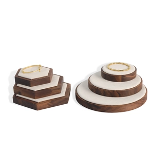 Walnut wood and beige velvet tiered jewelry display set for necklaces and bracelets