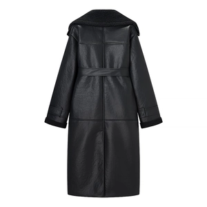 Back view of a long black faux leather coat with plush fur collar and matching waist belt
