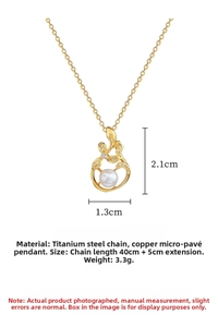 Detailed view of titanium steel pearl necklace with gold leaf pendant dimensions