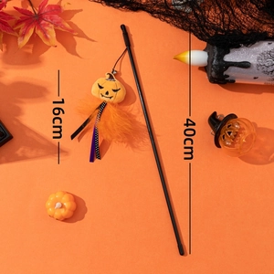 Halloween cat teaser wand with pumpkin plush charm, colorful ribbons and orange feathers