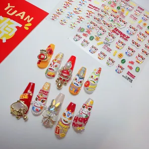 Detail of lunar new year 5D embossed nail stickers with lion dance and lucky cat charms