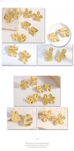 Detailed macro view of gold-plated stainless steel flower and irregular geometric earrings