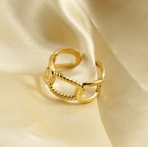Macro shot of 18k gold plated stainless steel ring with twisted rope chain texture