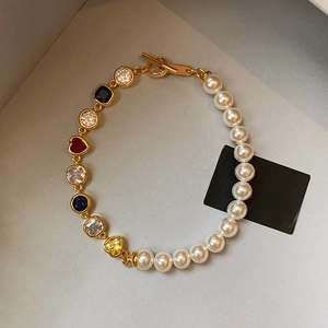 Bracelet Künstliche Perle Cœur Femme Alliage Plaqué Or 18K Zircon Multicolore Formes Cœur Carré Rond Fermoir OT Bijoux Mode
