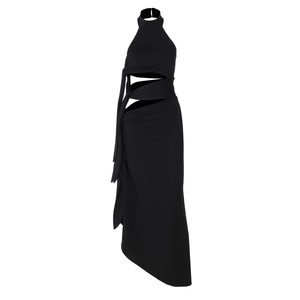 Detail of black halter maxi dress with side cut-out and lace-up strap details