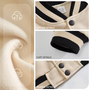 Detail view of American style baseball jacket showing collar stitching and fabric texture