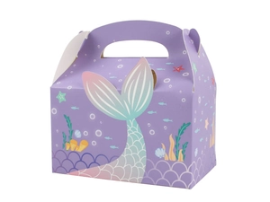 Detailed view of purple mermaid gift box featuring glossy sea shells and starfish patterns