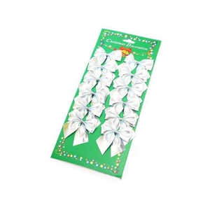 Set of 12 silver Christmas tree decoration bows on green card display with metallic finish