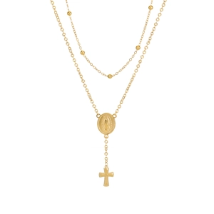Double-layered 18k gold plated stainless steel necklace with Virgin Mary and cross charm