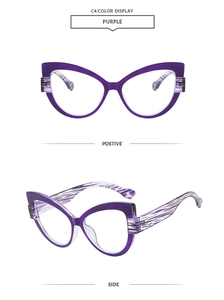 Détail de monture lunettes papillon violettes avec texture des branches et vue frontale