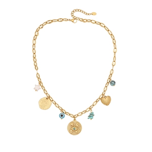 Collier bohème doré avec cœur turquoise, œil protecteur et pendentifs main de Fatma