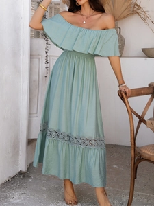 Light blue off-shoulder maxi dress with ruffle sleeves and delicate lace details