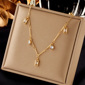 Minimalist Pendant Necklace Stainless Steel Rectangle Round Zircon Gold Color Layered Fashion Jewelry For Women