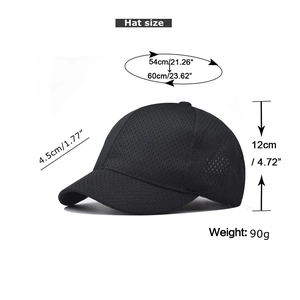 Guía de tallas detallada para gorra de malla negra con indicación de peso 90g y dimensiones