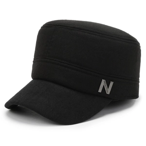 Men's winter thick fleece military style cap in black with a silver metal detail