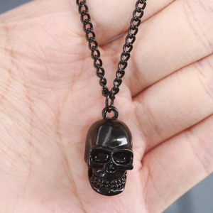 Close-up of hand holding a black metal skull pendant necklace with a matching chain link