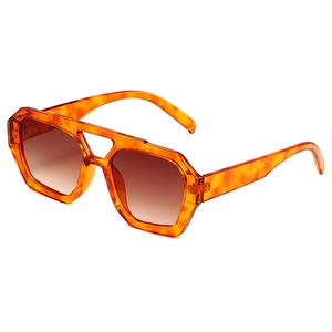 Retro double-bridge irregular sunglasses with amber frames and brown gradient lenses