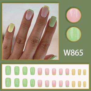 French style press-on nails set with lemon yellow and avocado green color blocking design